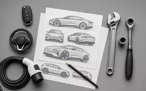 Renault FR0000131906 Flatlay zeigt Autoschlüssel, Lenkrad Mockup, Ladekabel, Werkzeugschlüssel und zwei Designskizzen - Foto: THN