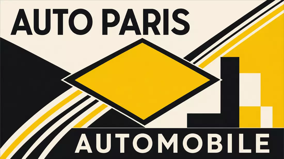 Bauhaus-Grafikposter mit geometrischer gelber Diamantform und schwarzweißem AUTOMOBILE-Text