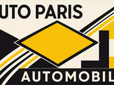 Renault FR0000131906 Bauhaus Poster mit gelber Diamantform und AUTO PARIS Typografie im Modernismus - Foto: THN