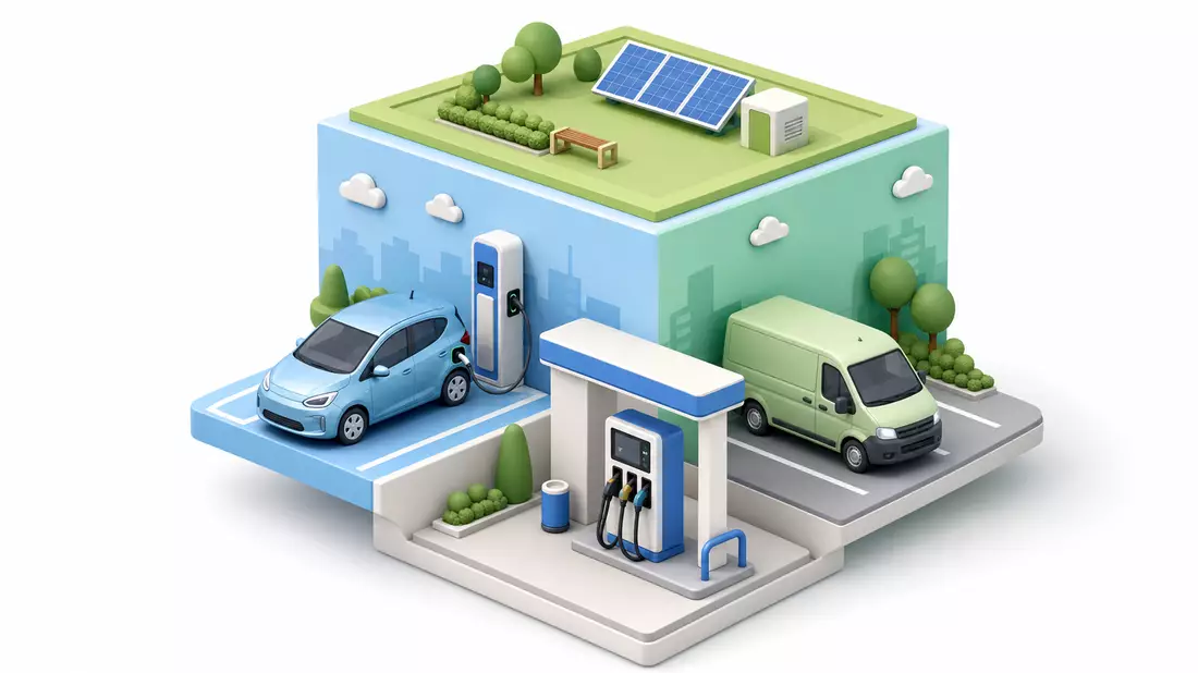 Isometrische 3D-Illustration mit Elektroauto, Ladestation, Tankstelle und Lieferwagen auf Würfel