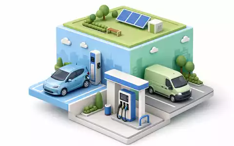 Renault FR0000131906 isometrischer 3D Würfel zeigt Elektroauto neben Ladestation, Tankstelle und Lieferwagen - Foto: THN