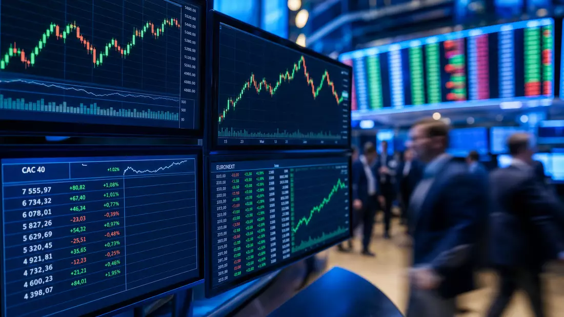 Börsensaal-Editorial mit Trading-Bildschirmen und CAC 40 sowie EURONEXT Kursanzeigen