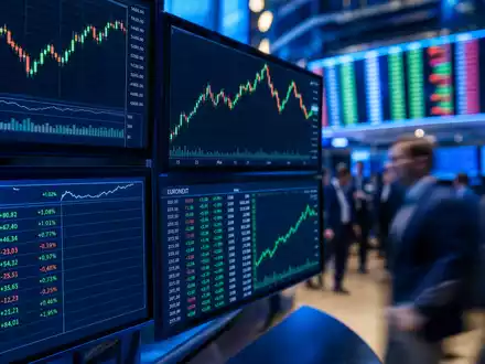 Renault FR0000131906 Trading Bildschirme mit CAC 40 und EURONEXT Kursanzeigen im blauen Boersensaal - Foto: THN