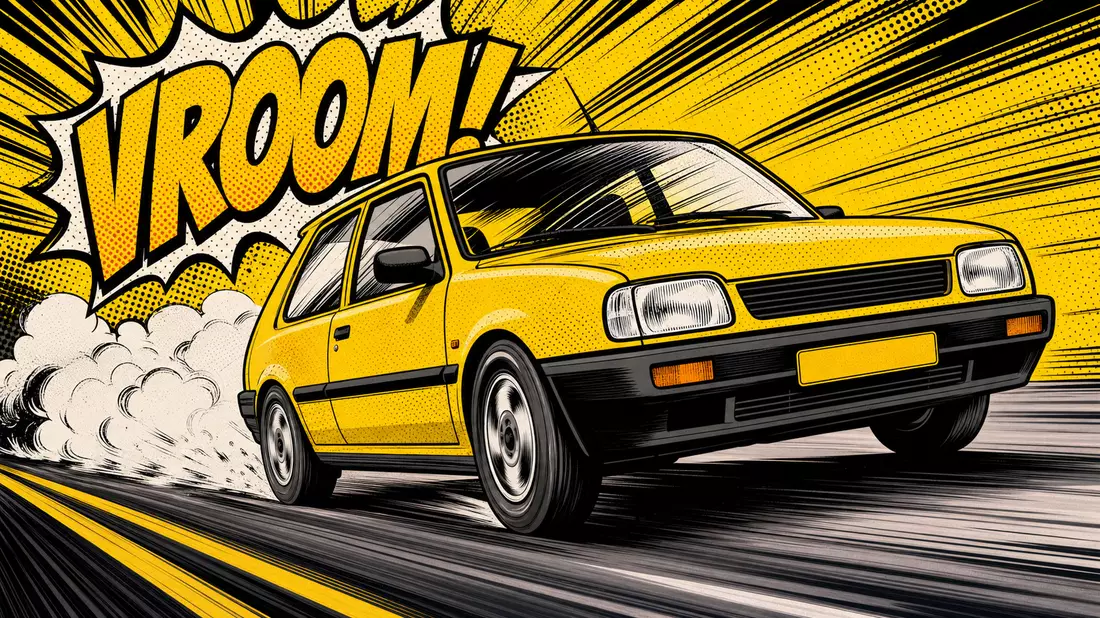 Pop-Art-Comic-Illustration eines schnell fahrenden gelben Autos mit Geschwindigkeitslinien