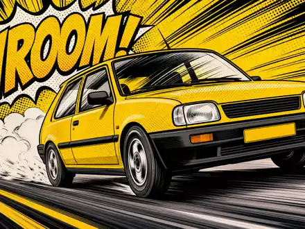 Renault FR0000131906 Pop Art Comic zeigt gelbes Rennauto mit knalligen schwarzen Geschwindigkeitslinien - Foto: THN
