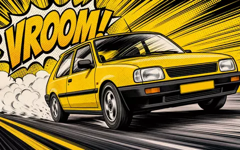Renault FR0000131906 Pop Art Comic zeigt gelbes Rennauto mit knalligen schwarzen Geschwindigkeitslinien - Foto: THN