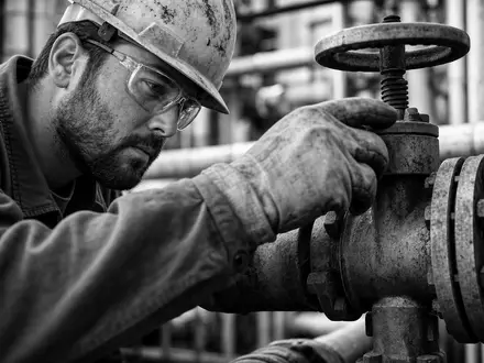 Eni IT0003128367 Reportage zeigt Raffineriearbeiter mit Helm und Brille beim Kontrollieren eines Ventils - Foto: THN