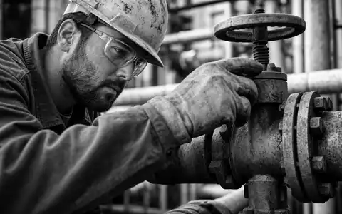 Eni IT0003128367 Reportage zeigt Raffineriearbeiter mit Helm und Brille beim Kontrollieren eines Ventils - Foto: THN