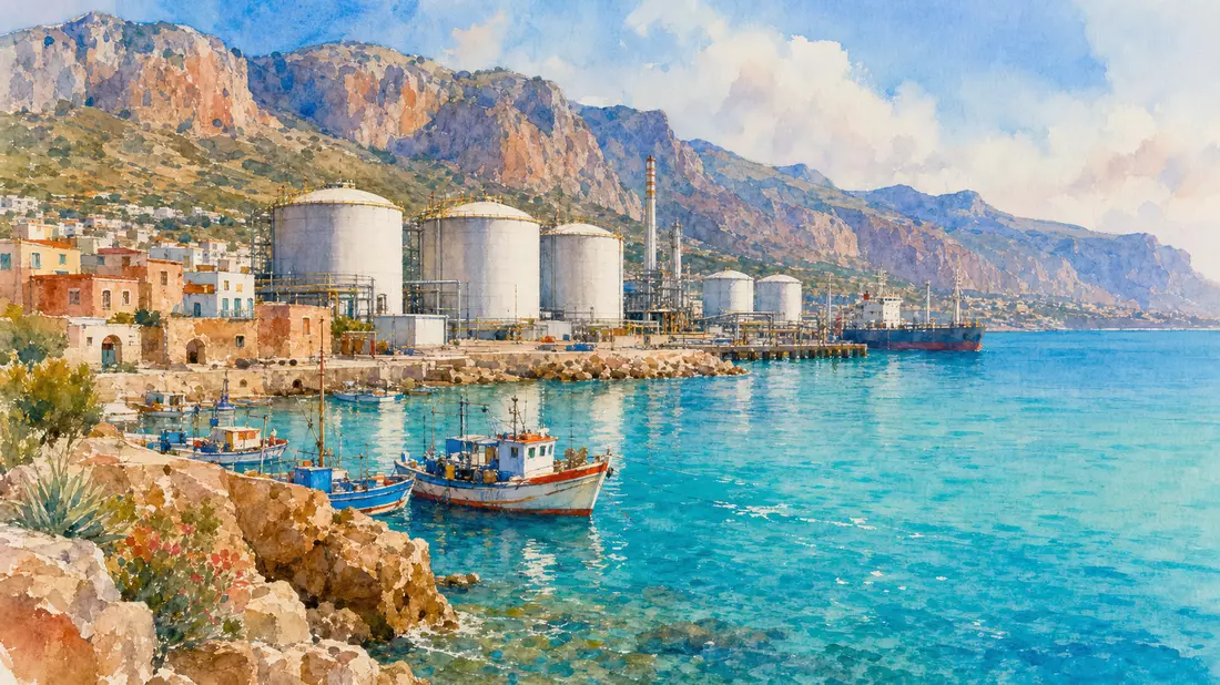 Aquarell-Illustration der sizilianischen Küste mit Ölhafen und LNG-Tanks