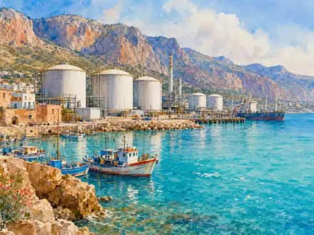Eni IT0003128367 Aquarell der sizilianischen Küste mit Ölhafen und großen LNG Speichertanks am Meer - Foto: THN
