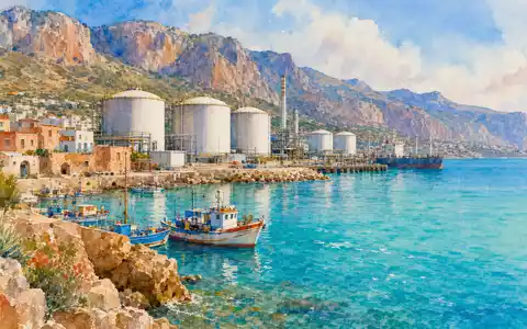 Eni IT0003128367 Aquarell der sizilianischen Küste mit Ölhafen und großen LNG Speichertanks am Meer - Foto: THN
