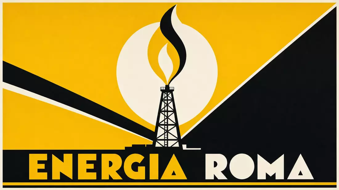 Bauhaus-Poster mit stilisierter Ölflamme und Bohrturm, Text ENERGIA ROMA