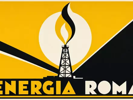 Eni IT0003128367 Bauhaus Poster mit abstrakter Ölflamme und Bohrturm in Gelb Schwarz Weiß ENERGIA ROMA - Foto: THN