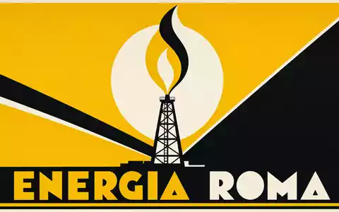 Eni IT0003128367 Bauhaus Poster mit abstrakter Ölflamme und Bohrturm in Gelb Schwarz Weiß ENERGIA ROMA - Foto: THN