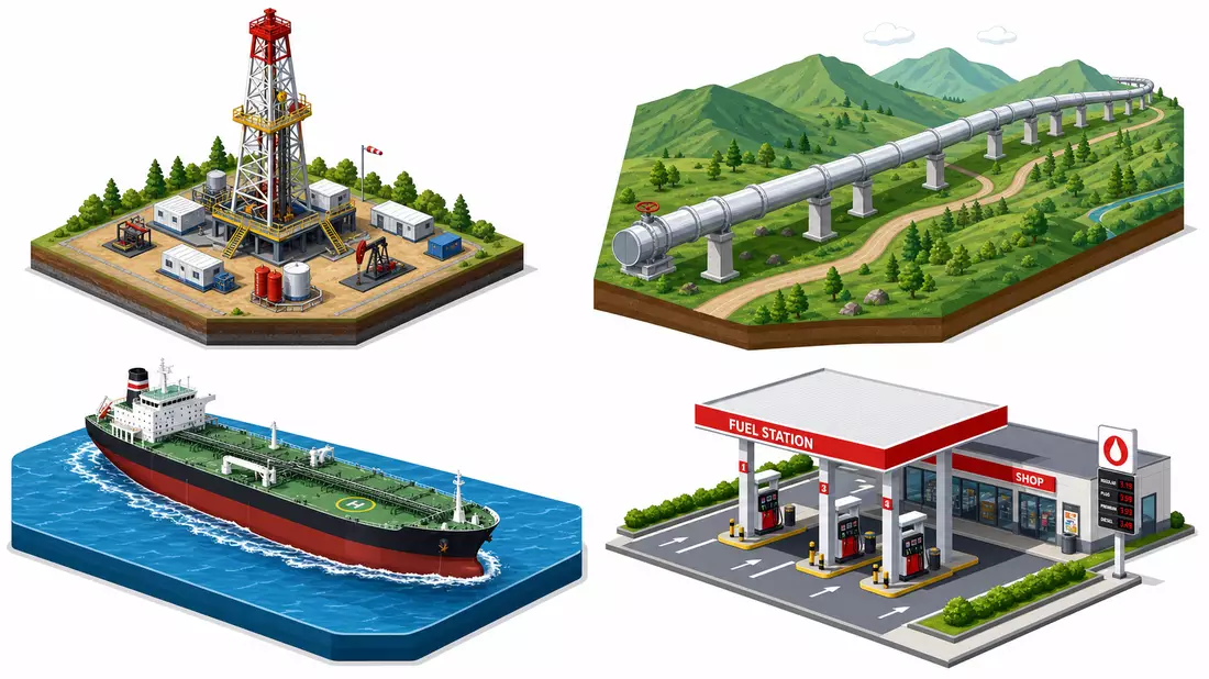 Isometrische 3D-Darstellung der Öl-und-Gas-Lieferkette mit Bohrturm, Pipeline, Tanker und Tankstelle