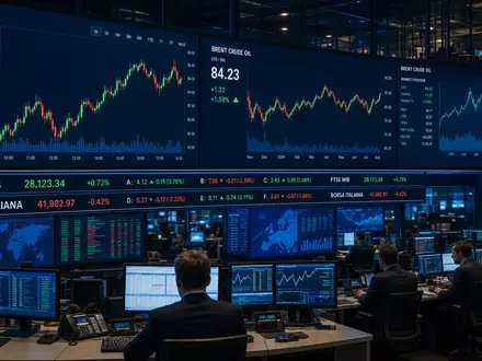 Eni IT0003128367 Börsen Editorial mit Brent Crude Kursdiagramm und FTSE MIB Ticker auf Handelsbildschirmen - Foto: THN