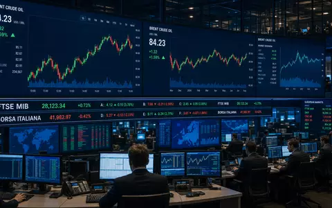 Eni IT0003128367 Börsen Editorial mit Brent Crude Kursdiagramm und FTSE MIB Ticker auf Handelsbildschirmen - Foto: THN