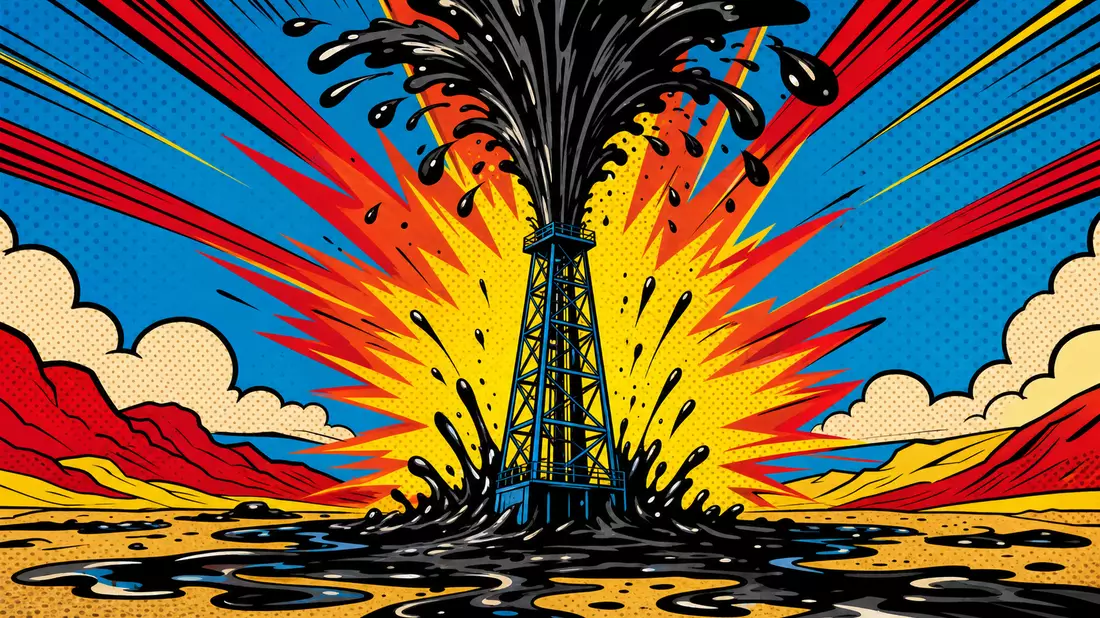 Pop-Art-Comic-Illustration eines Ölbohrturms mit Ölstrahl und knalligen Farben