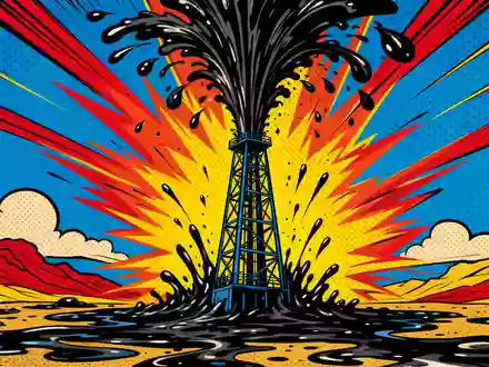 Eni IT0003128367 Pop Art Comic Bohrturm mit schwarzem Ölstrahl bunten Explosionen und knalligen Farbakzenten - Foto: THN