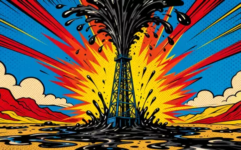 Eni IT0003128367 Pop Art Comic Bohrturm mit schwarzem Ölstrahl bunten Explosionen und knalligen Farbakzenten - Foto: THN
