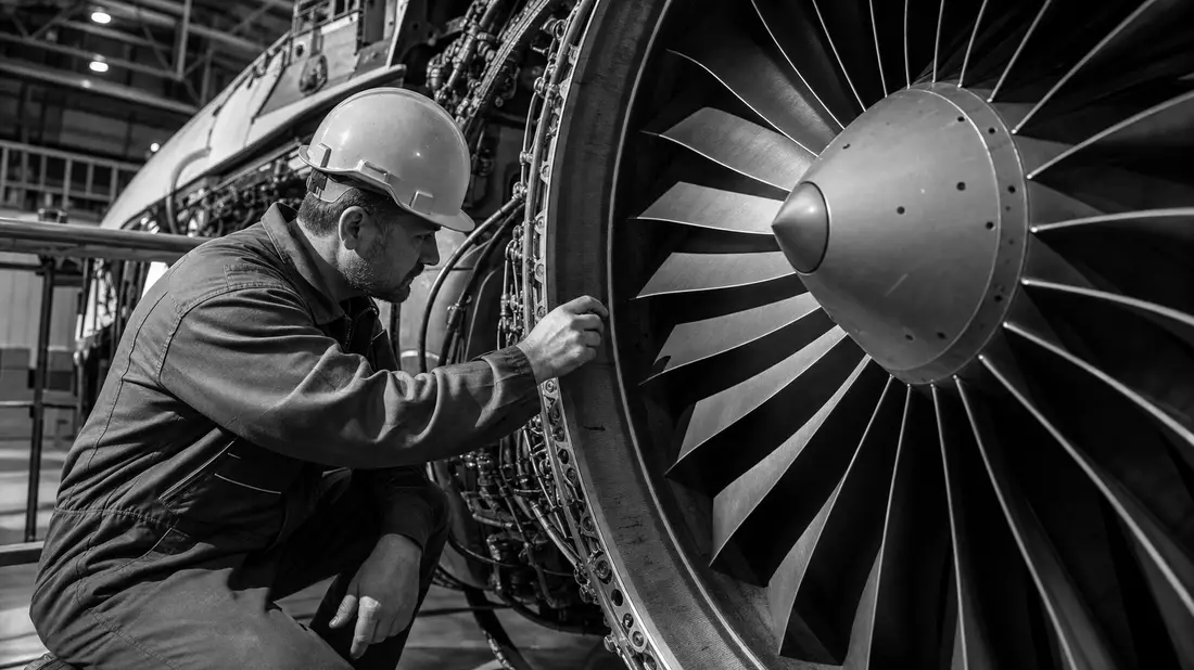 B&W reportage photo of technician inspecting jet engine fan blades in hangar