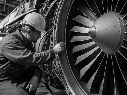 Safran FR0000073272 black-and-white technician in hard hat inspecting turbine blades in maintenance hangar - Foto: THN