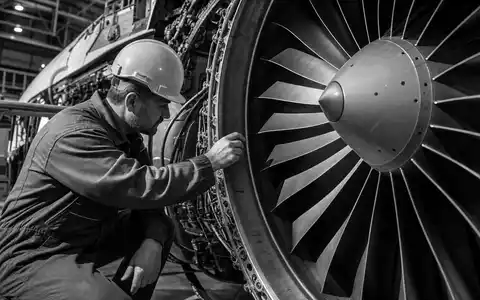 Safran FR0000073272 black-and-white technician in hard hat inspecting turbine blades in maintenance hangar. - Foto: THN