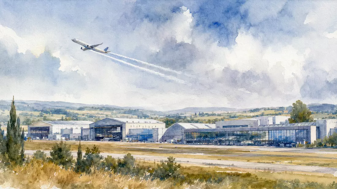 Watercolor of French aerospace facility beside airfield with aircraft taking off