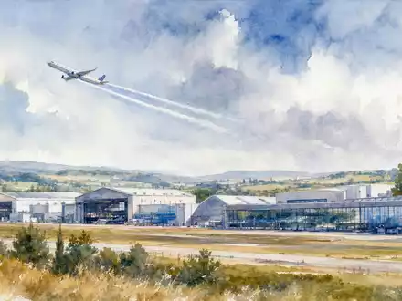 Safran FR0000073272 watercolor painting of French aerospace industrial facility with departing aircraft contrails - Foto: THN