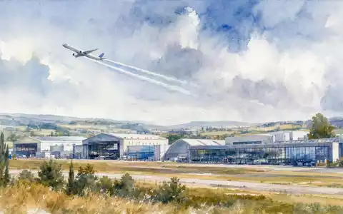 Safran FR0000073272 watercolor painting of French aerospace industrial facility with departing aircraft contrails - Foto: THN