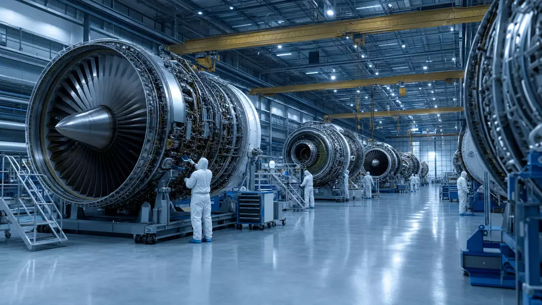 Architectural CGI of jet engine manufacturing hall with cleanroom workers and overhead crane