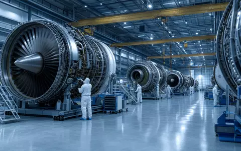 Safran FR0000073272 CGI render of modern turbine manufacturing hall with overhead crane and assembly line - Foto: THN