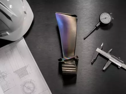 Safran FR0000073272 flatlay of titanium turbine blade sample with calipers, gauge, and engineering blueprint - Foto: THN