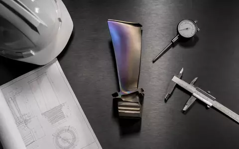 Safran FR0000073272 flatlay of titanium turbine blade sample with calipers, gauge, and engineering blueprint - Foto: THN
