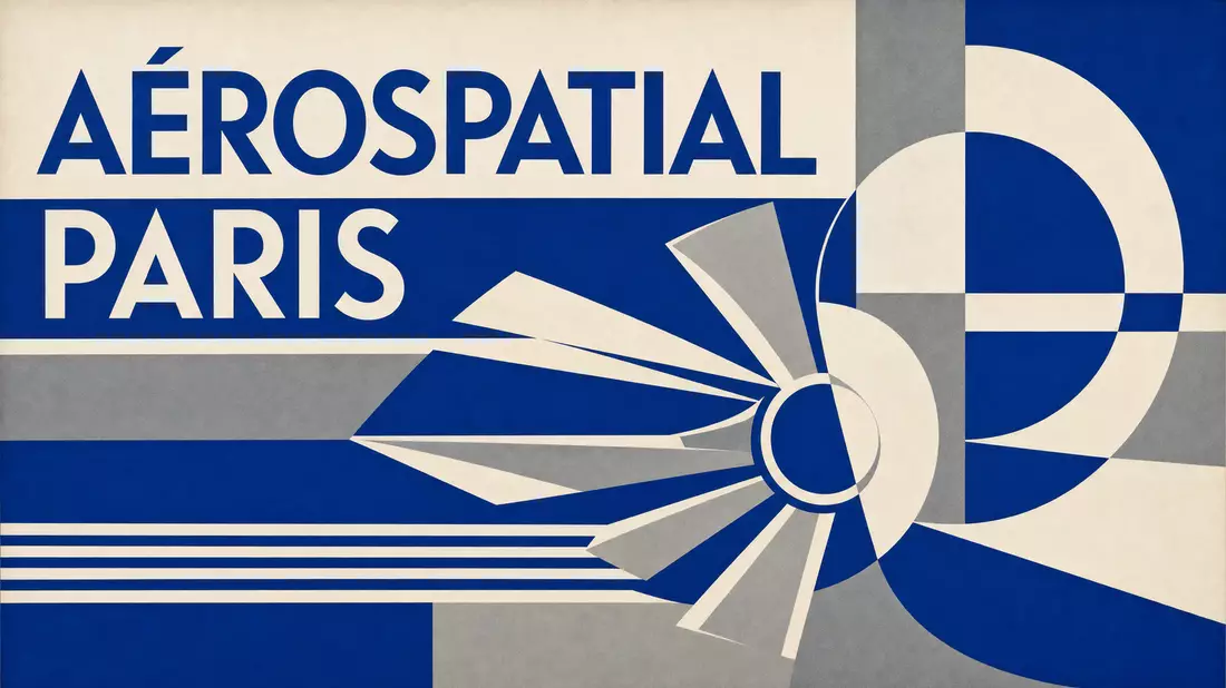 Bauhaus geometric poster with abstract turbine blades in blue, silver, and white