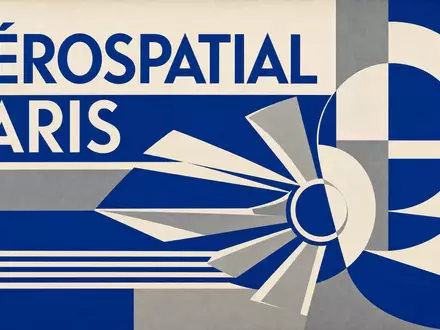 Safran FR0000073272 Bauhaus-style poster with abstract turbine blade geometry and AÉROSPATIAL PARIS typography - Foto: THN