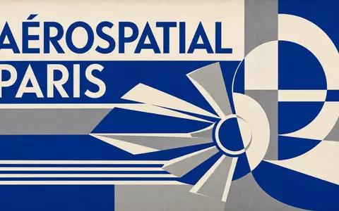 Safran FR0000073272 Bauhaus-style poster with abstract turbine blade geometry and AÉROSPATIAL PARIS typography - Foto: THN