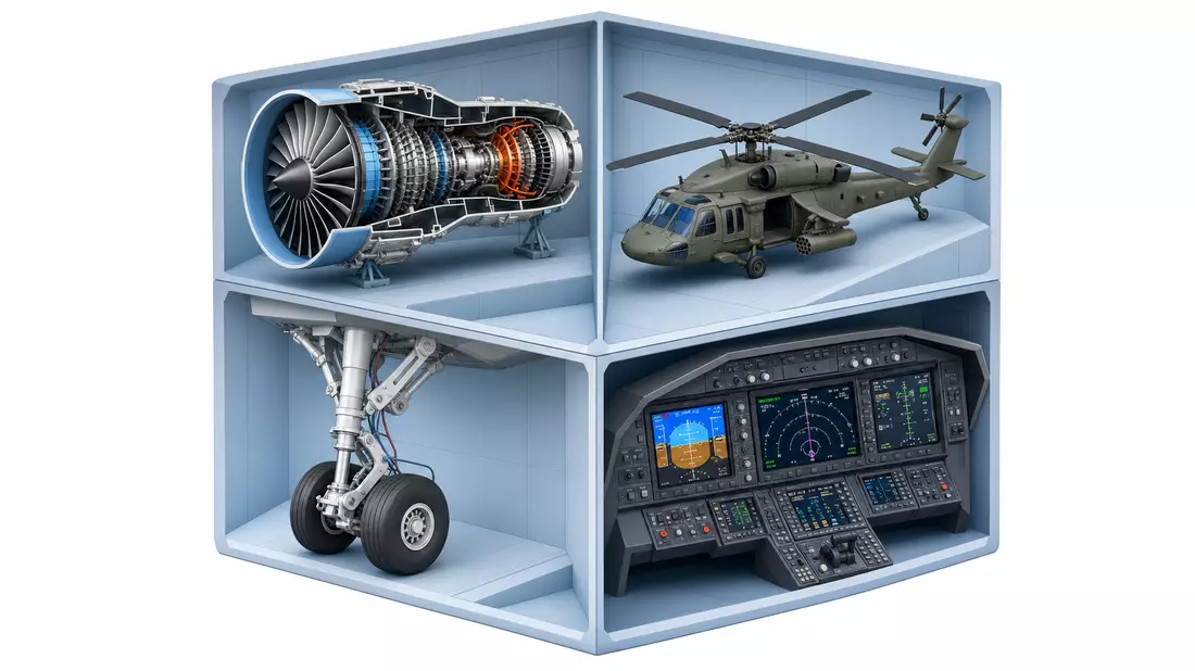 Isometric 3D illustration cube with aerospace components: engine, helicopter, landing gear, avionics