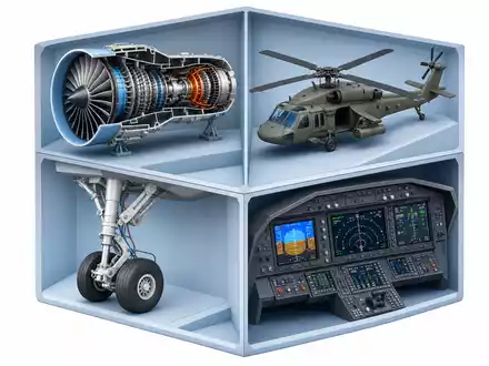 Safran FR0000073272 isometric 3D cube showing turbine engine, helicopter, landing gear, and avionics display - Foto: THN