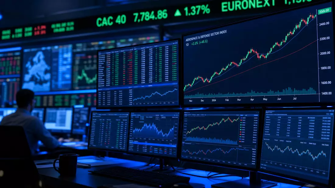 Multiple trading monitors with CAC 40 and EURONEXT tickers and aerospace sector index charts