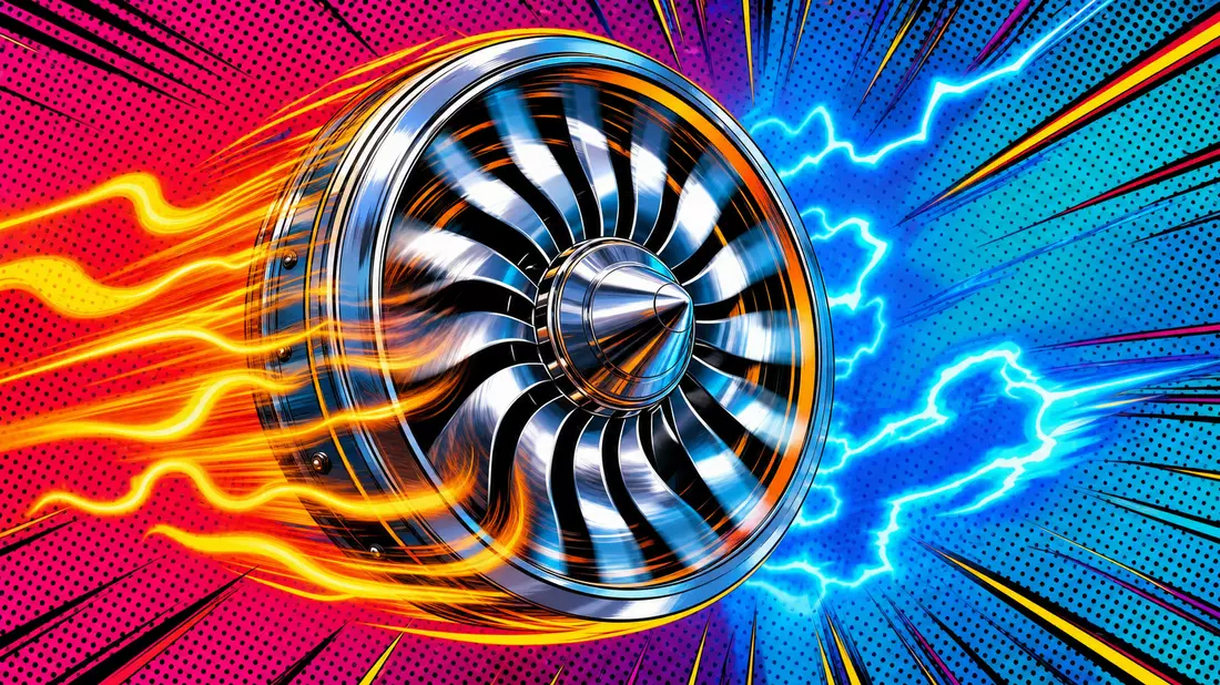 Pop-art comic style spinning turbine fan with heat waves and halftone dot pattern