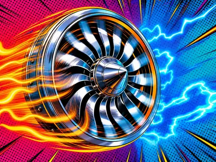 Safran FR0000073272 pop-art comic turbine fan spinning with neon heat waves and halftone dot background - Foto: THN