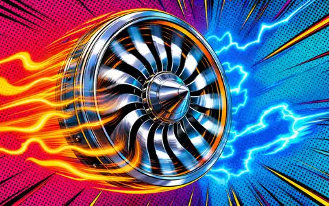 Safran FR0000073272 pop-art comic turbine fan spinning with neon heat waves and halftone dot background - Foto: THN