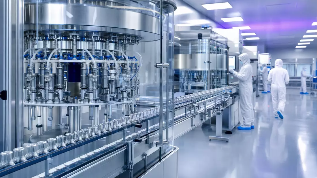 Modern pharmaceutical sterile fill-and-finish manufacturing facility interior with glass vial-filling machines and cleanroom workers in white suits
