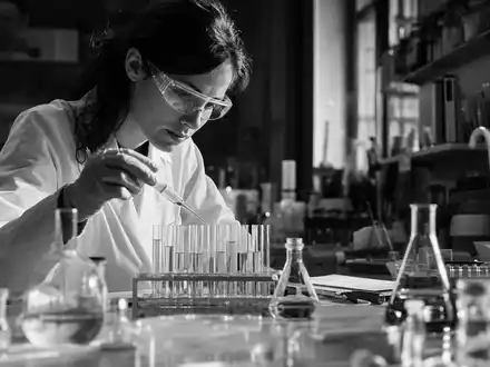 Sanofi FR0000120578 black-and-white reportage scientist wearing goggles using pipette in pharmaceutical research laboratory - Foto: THN