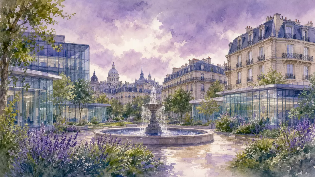 Delicate watercolor painting of a Parisian research campus with a central stone fountain, modern glass pavilions and classic Haussmann buildings under a violet sky