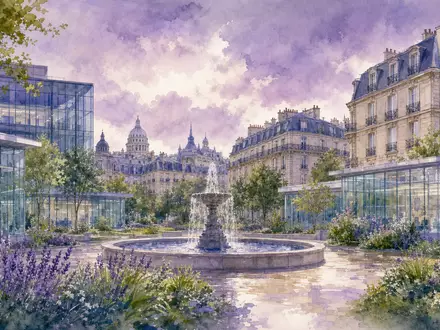 Sanofi FR0000120578 watercolor Parisian pharmaceutical research campus with fountain and glass-and-stone research pavilions - Foto: THN