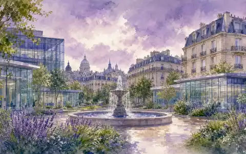 Sanofi FR0000120578 watercolor Parisian pharmaceutical research campus with fountain and glass-and-stone research pavilions - Foto: THN