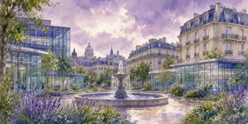Sanofi FR0000120578 watercolor Parisian pharmaceutical research campus with fountain and glass-and-stone research pavilions - Foto: THN
