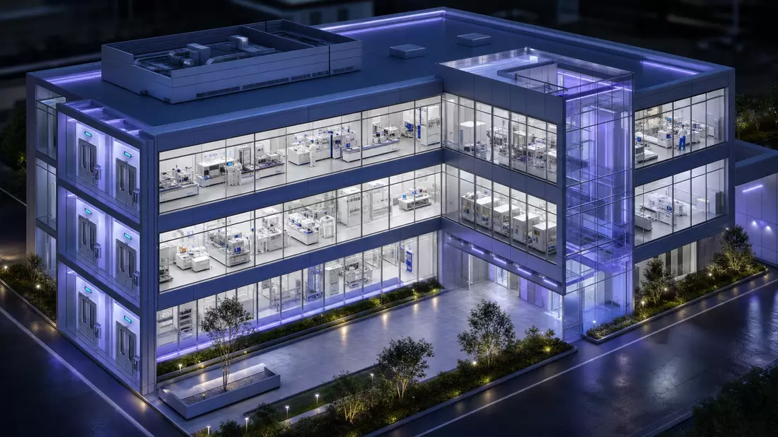 Architectural visualization render of a futuristic pharmaceutical laboratory building with cleanroom airlocks, floor-to-ceiling glass walls and violet-blue accent lighting